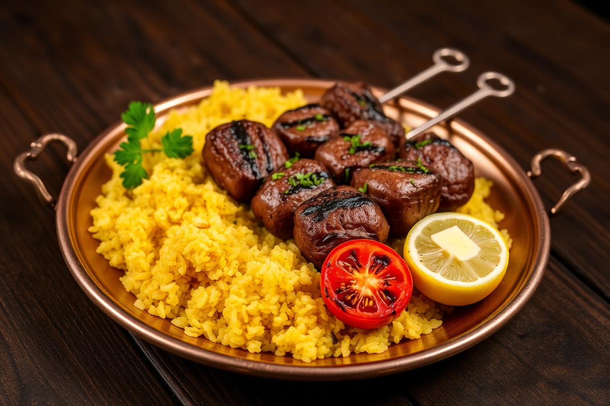 Lunchtallrik med kebab och saffransris